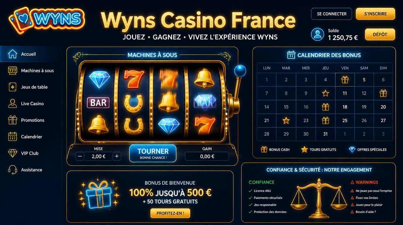 Interface du casino Wyns France avec bonus et éléments de confiance